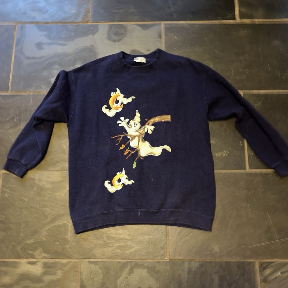 Vintage 90s Halloween Sweatshirt Ghost Pullover Spooky Season Cheetah Size Med